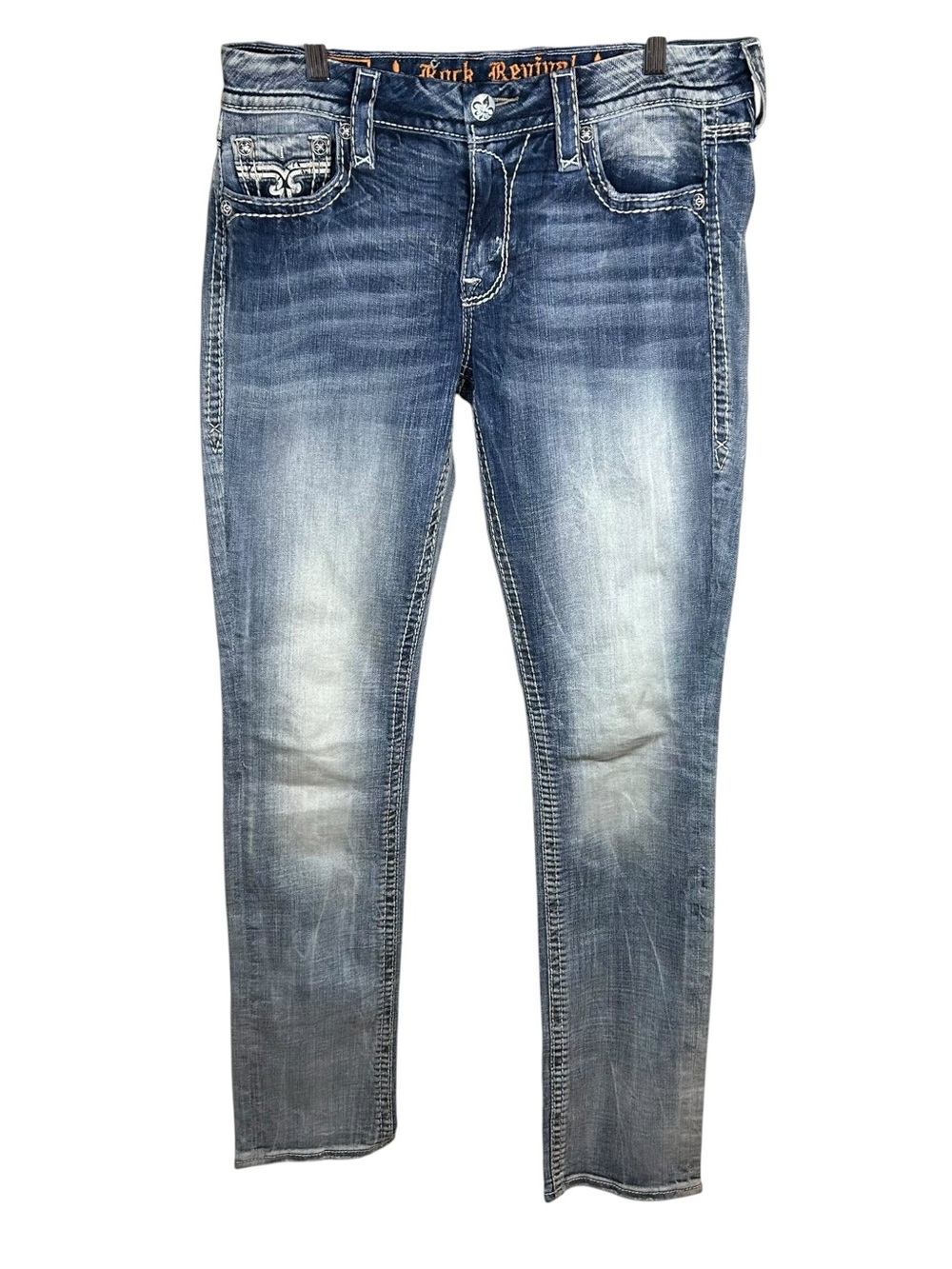 Rock Revival “Boris” Mid-Rise Straight Leg Jeans Size 30x34 Bling Rhinestone Y2K